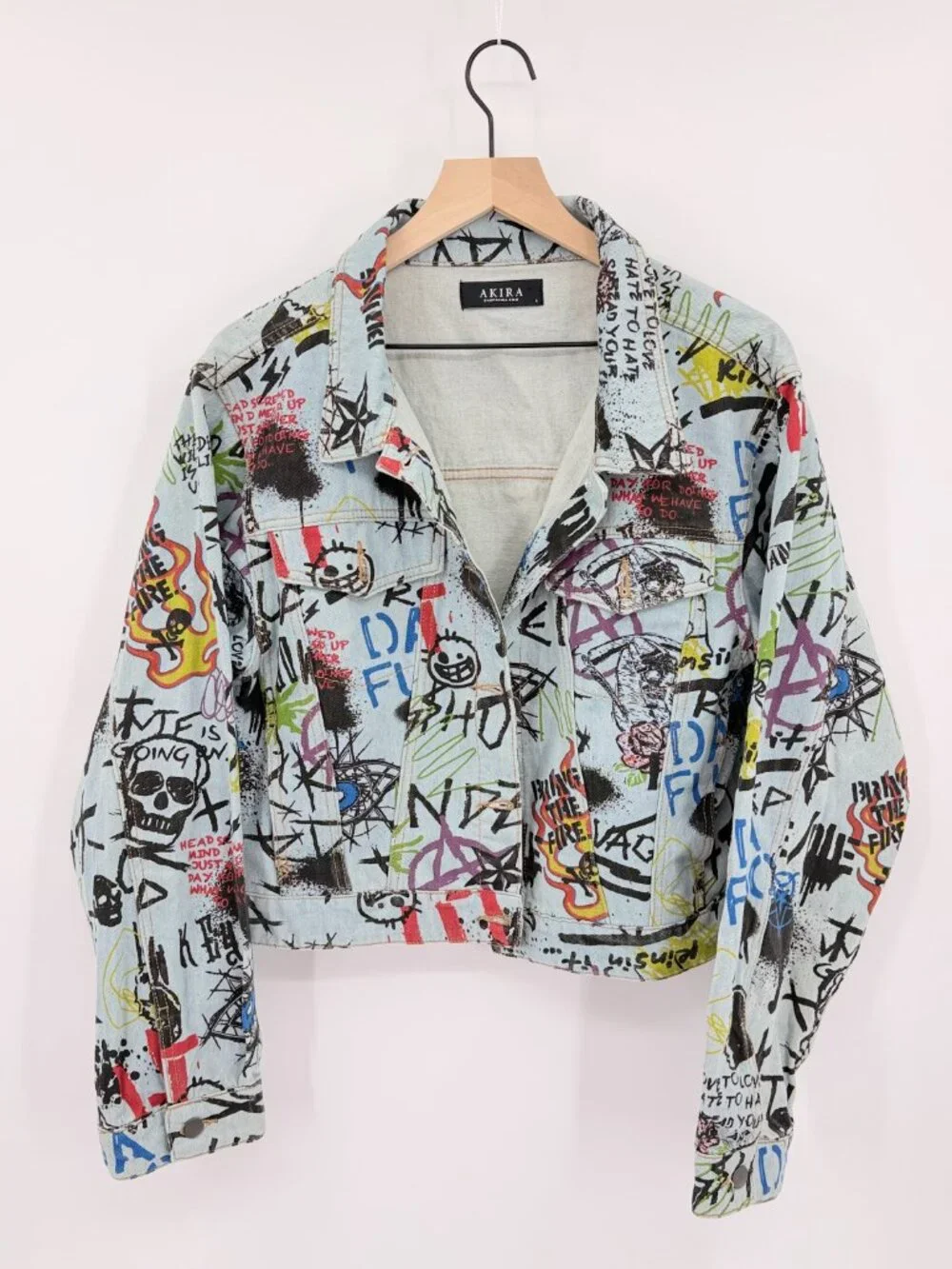 AKIRA Graffiti Print Cropped Denim Jacket Women's Large L EUC Punk Rock Streetwe - Picture 2 of 7
